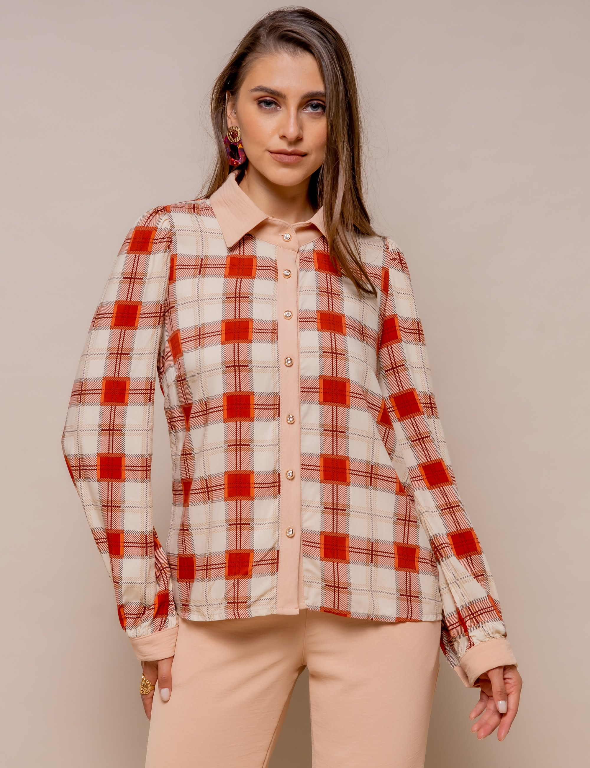 CAMISA VISCOSE ESTAMPADO XADREZ BEGE