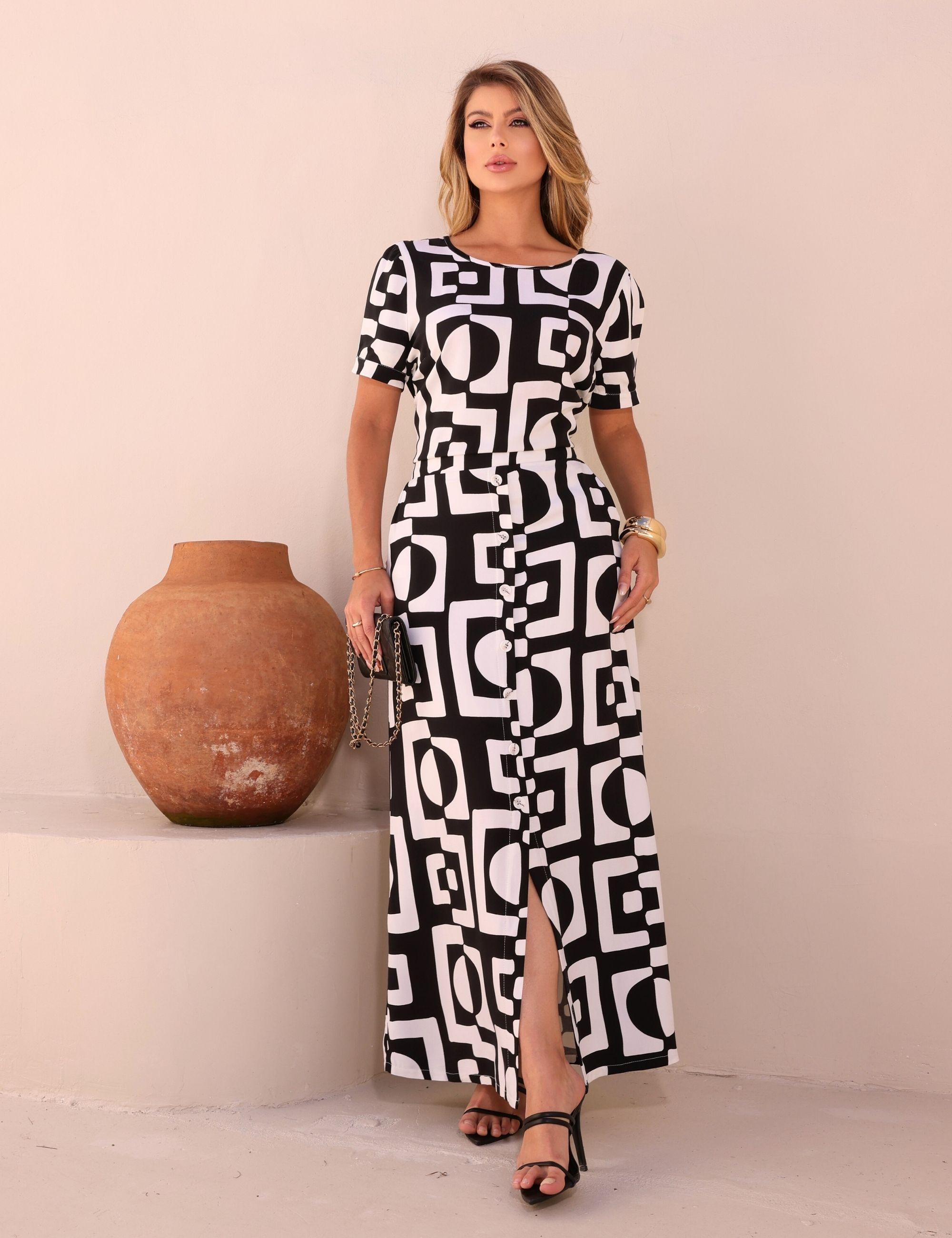 CONJUNTO SAIA ESTAMPA GEOMETRICO PRETO