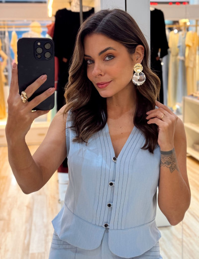 CONJUNTO COLETE PEPLUM PESPONTO AZUL JEANS