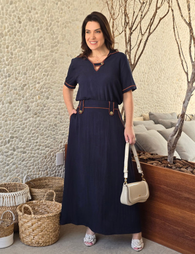 CONJUNTO SAIA DETALHE VIVO NUDE/MARINHO