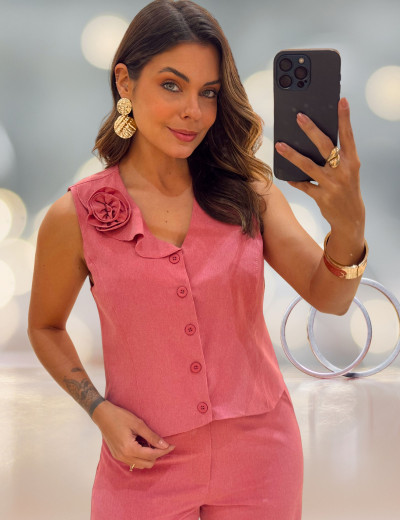 CONJUNTO COLETE FLOR VERMELHO