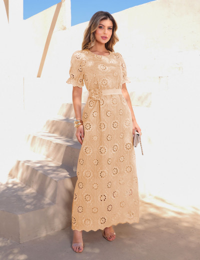 VESTIDO LAISE BORDADO FLOR BEGE
