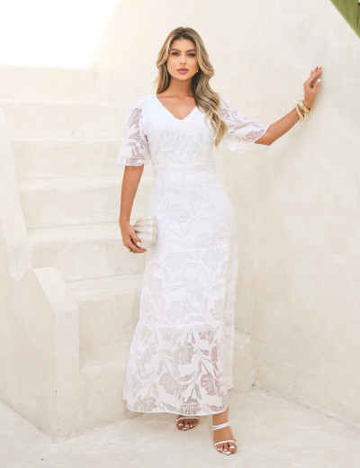 VESTIDO DEVORE MANGA BABADO BRANCO