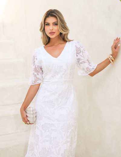 VESTIDO DEVORE MANGA BABADO BRANCO