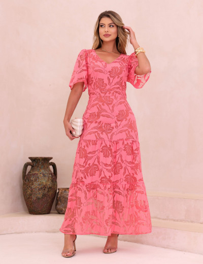 VESTIDO DEVORE MANGA BABADO ROSA