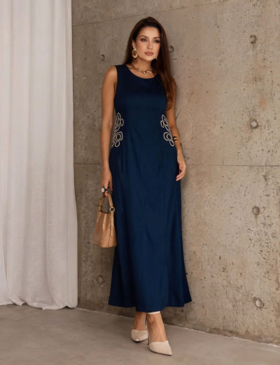 VESTIDO LINHO ELASTANO BORDADO MARINHO