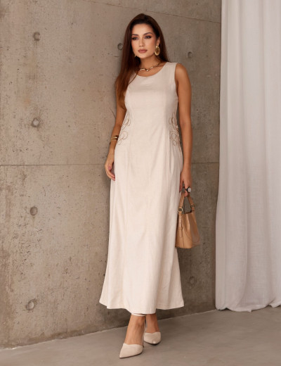 VESTIDO LINHO ELASTANO BORDADO NATURAL