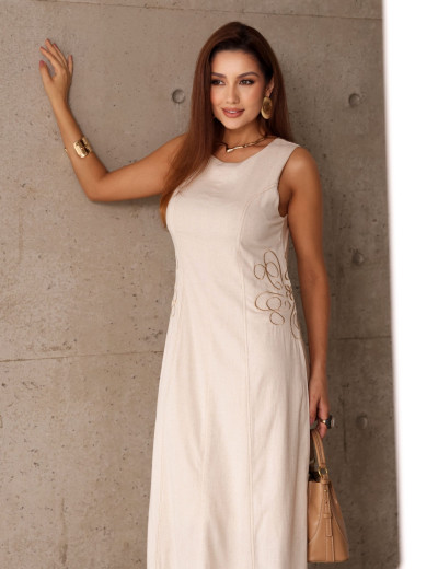 VESTIDO LINHO ELASTANO BORDADO NATURAL