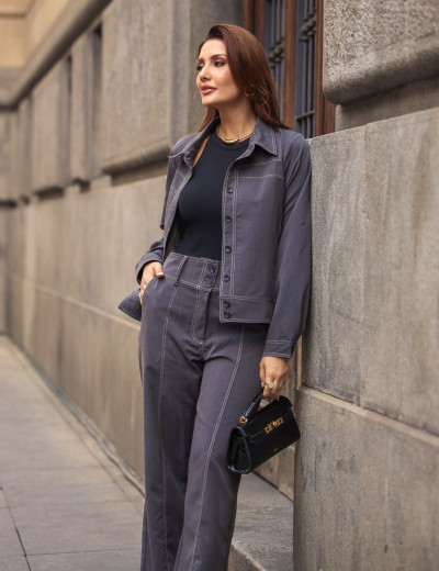 CONJUNTO JAQUETA CALÇA PRETO MESCLADO